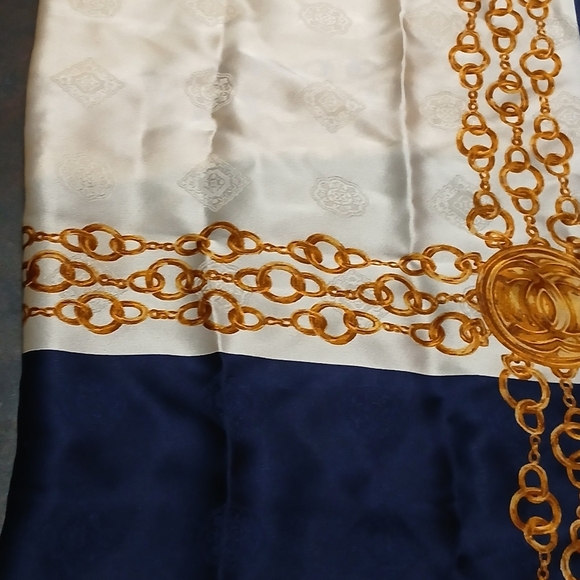 Authentic CHANEL Navy/White Coco Mark Gold Chain Pattern Silk Scarf - Picture 11 of 15